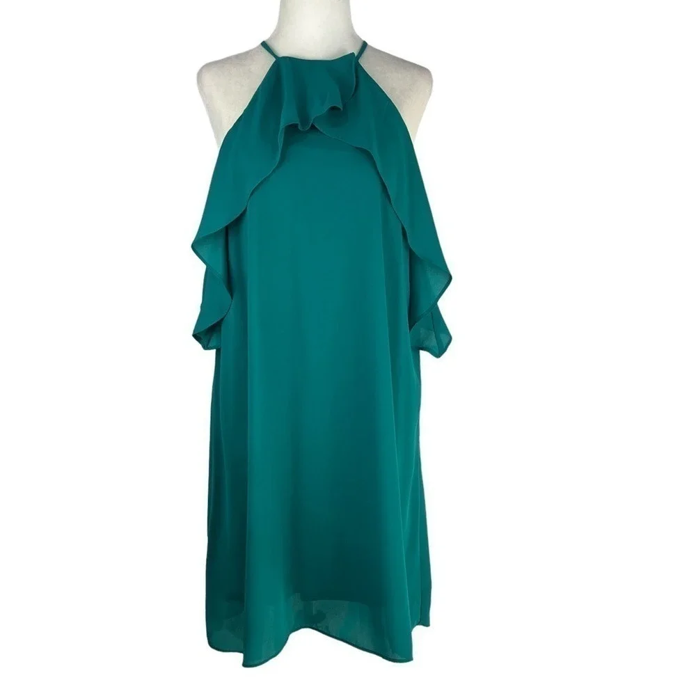 NSR Napean Sea Rd Teal Halter Ruffle Cold Shoulder‎ Dress Medium NWT